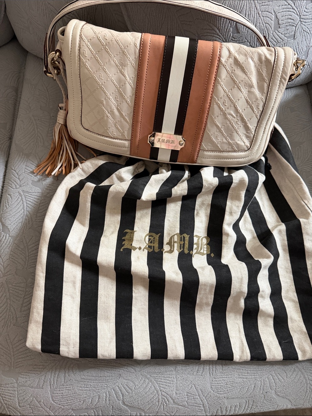 L.A.M.B. Cream, Tan and Black Quilted Shoulder Bag with Tassel